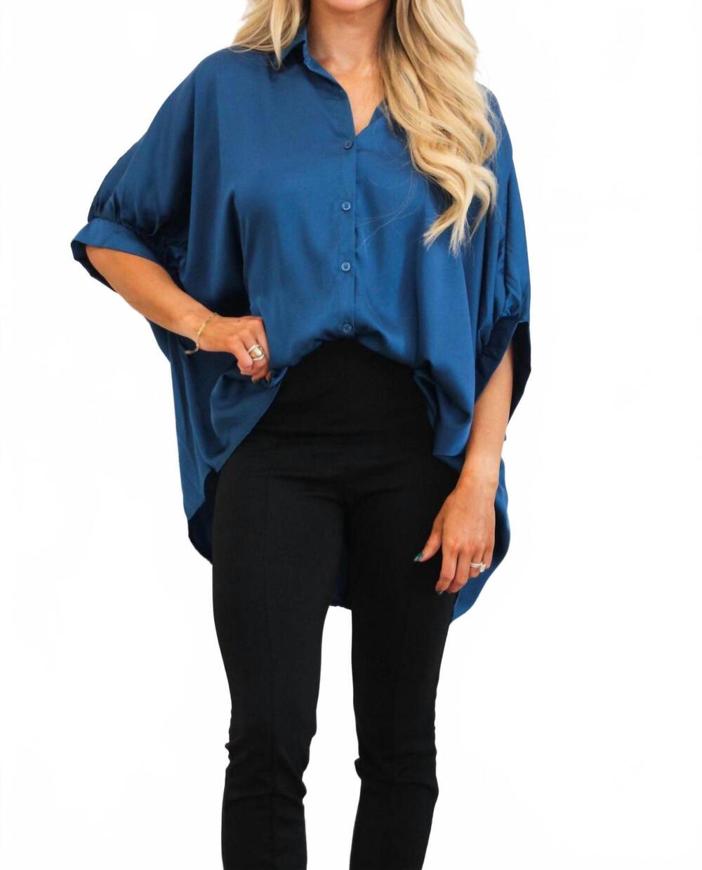 NEW DAY + MOON solara satin button down top in midnight blue